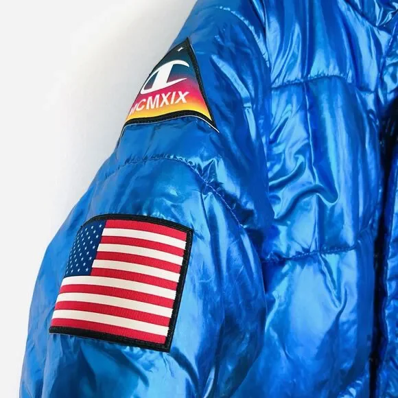 NWT Amazing CHAMPION x NASA Metallic Blue Puffer Space Jacket Puffer Coat Large - Picture 5 of 15